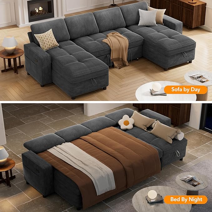 Vipbear Sleeper Sectional Sofa, 105" U Shaped Couch with Pull Out Bed, Convertible Chenille Cloud Sofa with Reclining Backrest | Double Storage Chaise | USB Ports | Tool-Free Assembly | Grey