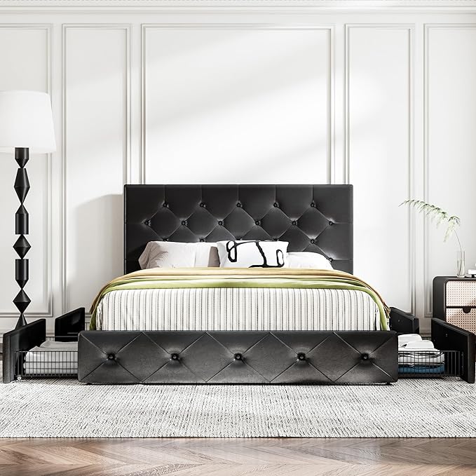 MUTICOR Full Size Bed Frame with 4 Storage Drawers, Upholstered Platform Bed with Button Tufted Adjustable Headboard, No Box Spring Needed, Easy Assembly, Diamond Tufted, Black Leather