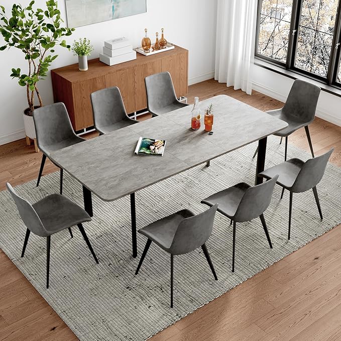 63"- 78.7" Extendable Dining Table Set for 8, Modern Kitchen Table with Dining Chairs for 6-8 Person, Thickened Expandable MDF Wooden Table with Metal Legs for Dining Room, Kitchen