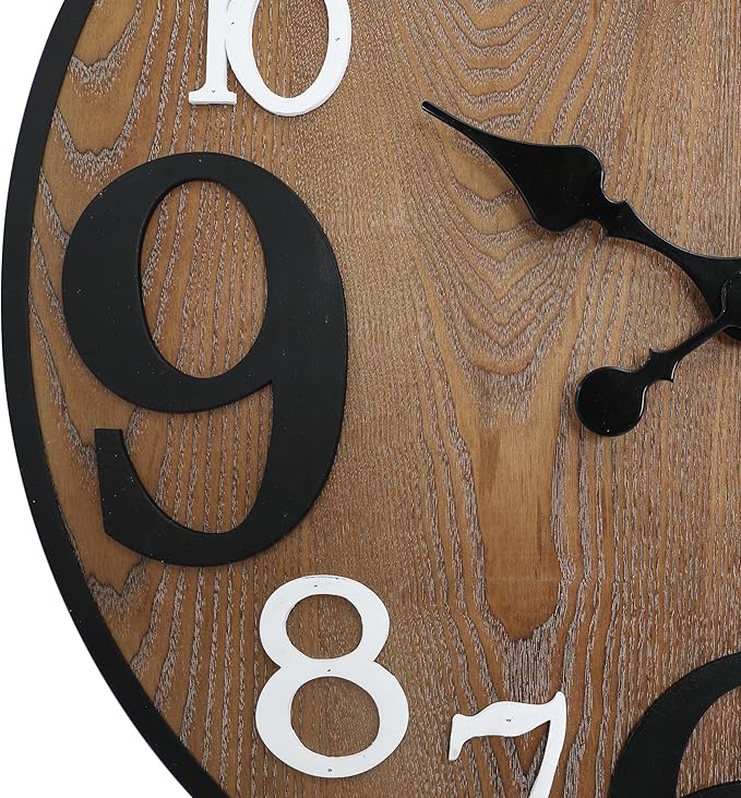 RiteSune 24 Inch Wood Wall Clock, Modern Large Numerals Battery Operated Quartz Movement, Black Metal Frame Decor Clock for Living Room Office Kitchen Bedroom, Entryway, Home, Office