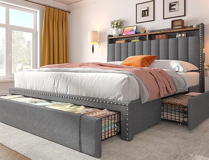 EnHomee Queen Size Bed Frame, Upholstered Queen Bed Frame with 3 Storage Drawers & 2-Tier Headboard Shelves, 1100LBS Heavy Duty, No Box Spring Needed, Easy Assembly, Grey
