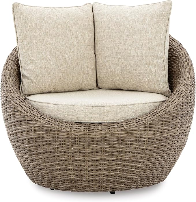 Signature Design by Ashley Danson Outdoor Lounge Chair with Cushion and 360-Degree Swivel, Set of 2, UV-Resistant Performance Fabric and Resin Wicker, Light Brown