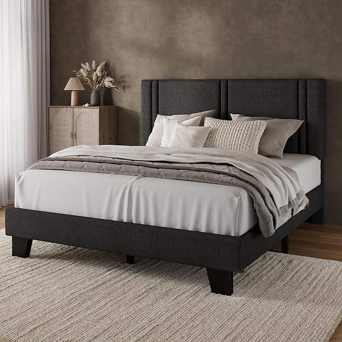 iPormis Full Platform Bed Frame with Fabric Upholstered Headboard & Thickened Legs, Mattress Foundation with Solid Wooden Slats Support, No Box Spring Needed, Noise Free, Dark Grey