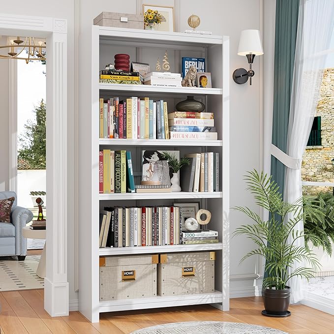 69.3" Tall Metal Bookshelf, White Bookcase with Display Shelves, 5 Tier Open Shelf Bookcases for Living Room, Bedroom, Home Office, Study, Library