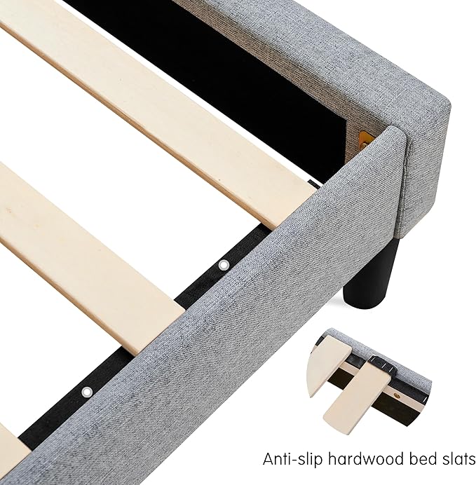 Hokway Bed Frame Upholstered Platform Bed with Headboard Wooden Slat Support No Box Spring Needed(Queen, Light Gray)
