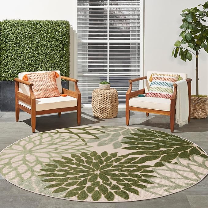 Nourison Home Aloha Indoor/Outdoor Ivory Green 5'3" x Round Area Rug, Easy Cleaning, Non-Shedding, Bed Room, Living Room, Dining Room, Backyard, Patio, Deck (5 Round)
