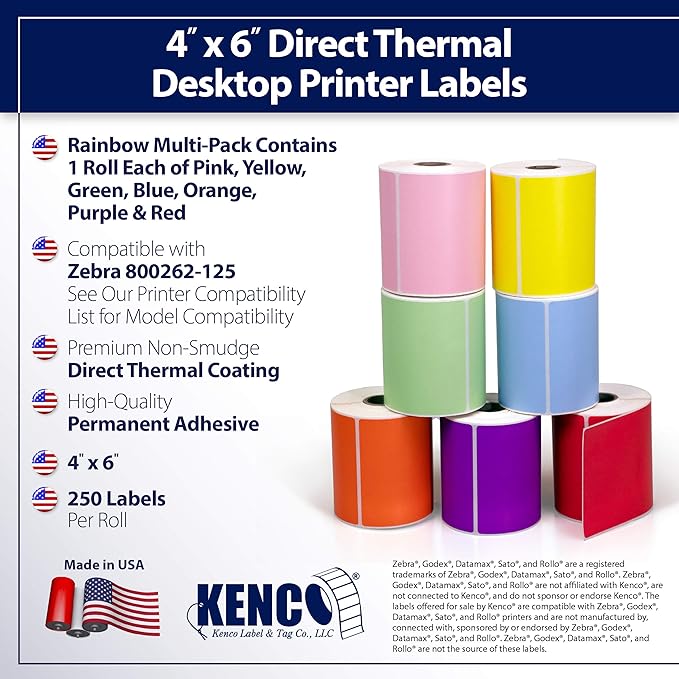 4" X 6" Direct Thermal Perforated Stickers Labels for Shipping Labels, Inventory, and Color Coding - Compatible with Zebra, Rollo, Godex and More (Rainbow Pack, 7 Rolls)