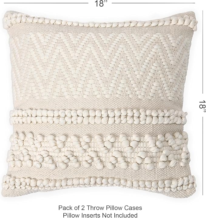 REDEARTH · Tufted Throw Pillow Cushion Covers - Boho Textured Woven Decorative Cases Set for Couch, Sofa, Bed, Farmhouse, Chair, Patio, Car - 100% Cotton (18x18 ; Boho Chic Natural) Pack of 2