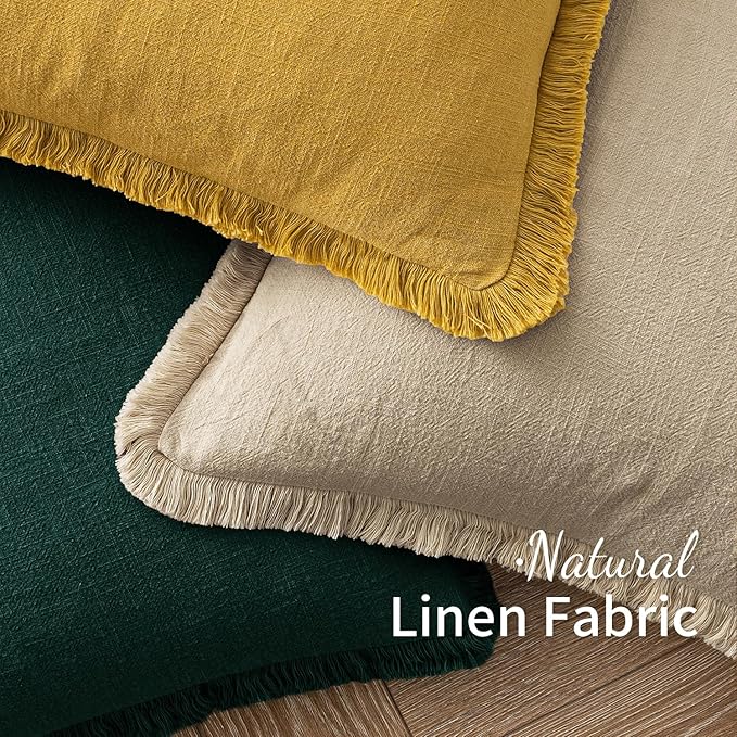 MIULEE Decorative Throw Pillow Covers Neutral Linen Fringe Throw Pillows Set of 2 Beige Boho Farmhouse Cushion Covers with Tassels for Couch Sofa Bed Living Room Spring Home Decor 20x20 Inch