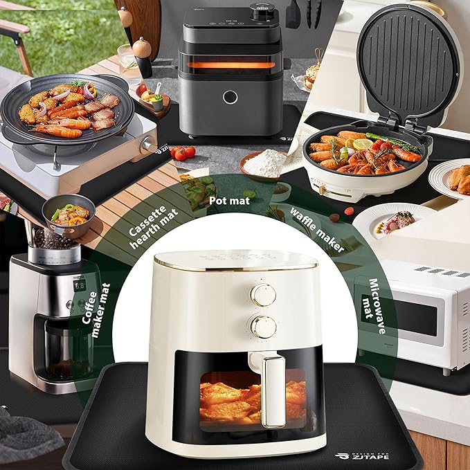 Heat Resistant Mat for Air Fryer Site - 15.7 x 14.9in, Fireproof Silicone Mats for Kitchen Counter, Countertop Protector, Non-slip & Waterproof for Deep Fryer, Oven, Coffee machine (Black)