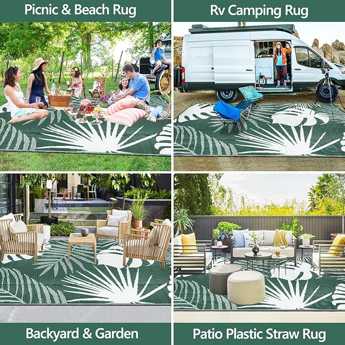 Waterproof Outdoor Rug 8x10 ft, Reversible Plastic Straw Mat with Leaf Pattern, Large Floor Mat for Patio, Camping, Picnic, Backyard RV, Deck, Dark Green