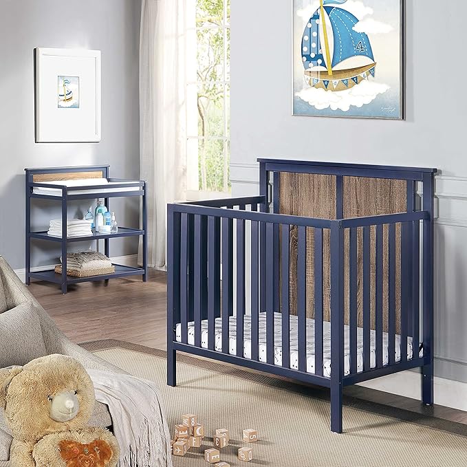 Suite Bebe Connelly 3-in-1 Mini Crib in Midnight Blue/Vintage Walnut - Comes with Mattress Pad