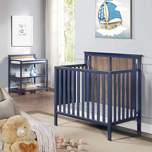 Suite Bebe Connelly 3-in-1 Mini Crib in Midnight Blue/Vintage Walnut - Comes with Mattress Pad