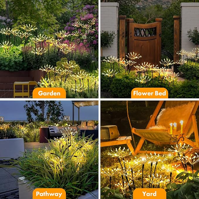 Kwaiffeo Solar Garden Light 4 Pack Outdoor Waterproof Firework Lights with 240 LEDs Twinkling Fairy Solar Lights Outdoor Garden Yard Pathway Decor, Gardening Gifts for Women Mothers Day (Warm White)