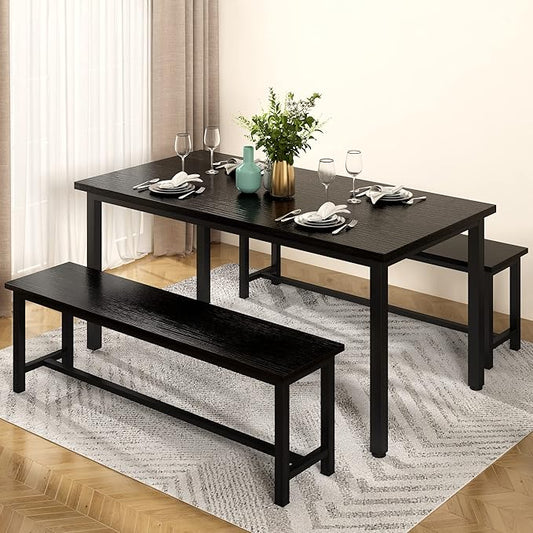 AWQM Dining Table Set with Two Benches, Kitchen Table Set for 4-6 Persons, Kitchen Table of 47.2 x 28.7 x 28.7 Inches, Bench of 41.3 x 11.8 x 17.7 Inches Each, Black