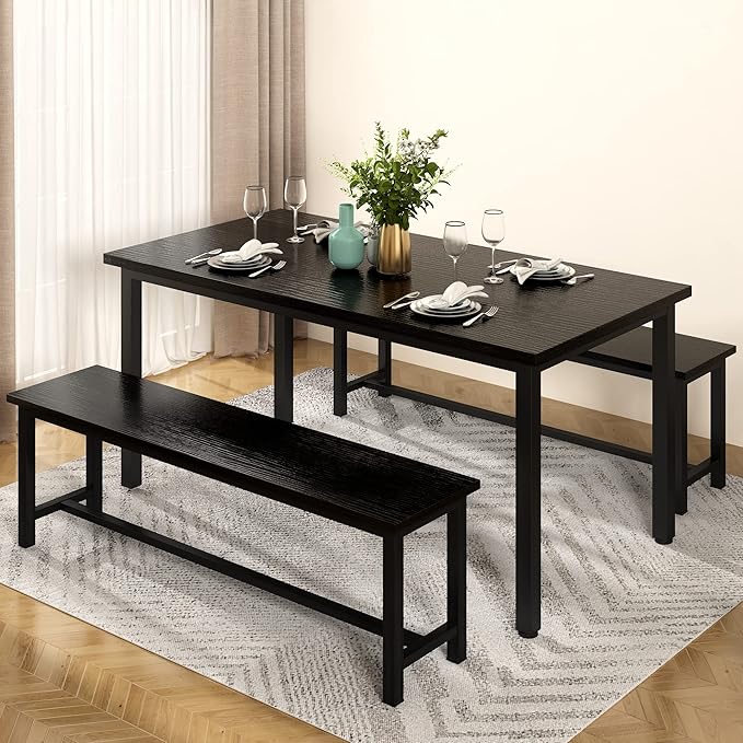 Lamerge Kitchen Table Set with 2 Benches 4 Person Dining Room Table Set for Home Kitchen, Dining Room, Restaurant, Space Saving, 47.2inch Table and 41.3inch Bench, Black