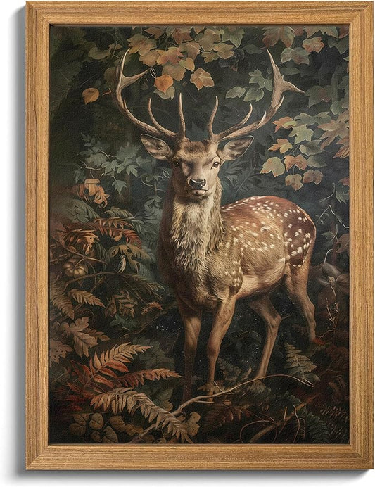 Framed 3D Textured Vintage Wall Art - Dark Academia Decor Sika Deer Hand Drawn Sandstone Paintings with Botanical Florals, Aesthetic Wall Decor for Living Room Bedroom Home 8x10 inch