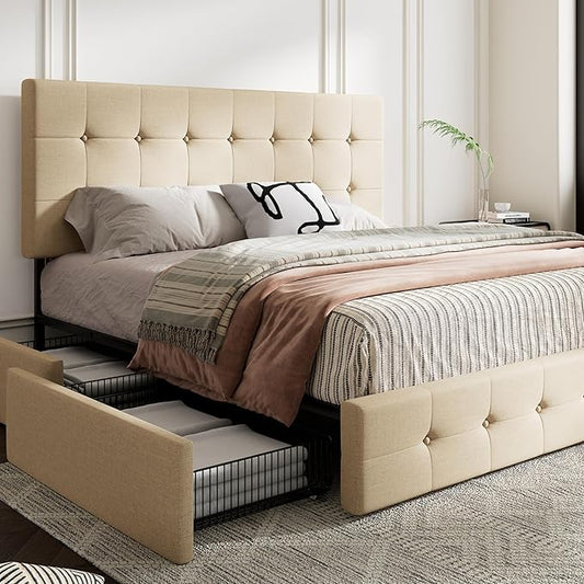 MUTICOR King Size Bed Frame with 4 Storage Drawers, Upholstered Platform Bed with Button Tufted Adjustable Headboard, No Box Spring Needed, Easy Assembly, Square Tufted, Beige Fabric