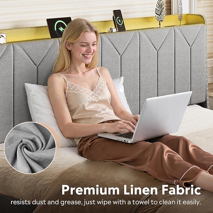 WLIVE King Size Upholstered Bed Frame with 2 Drawers, Linen Tufted Storage Headboard with Charging Ports and LED Light, Sturdy Metal & Wooden Slats Support, No Box Spring Needed, Light Grey