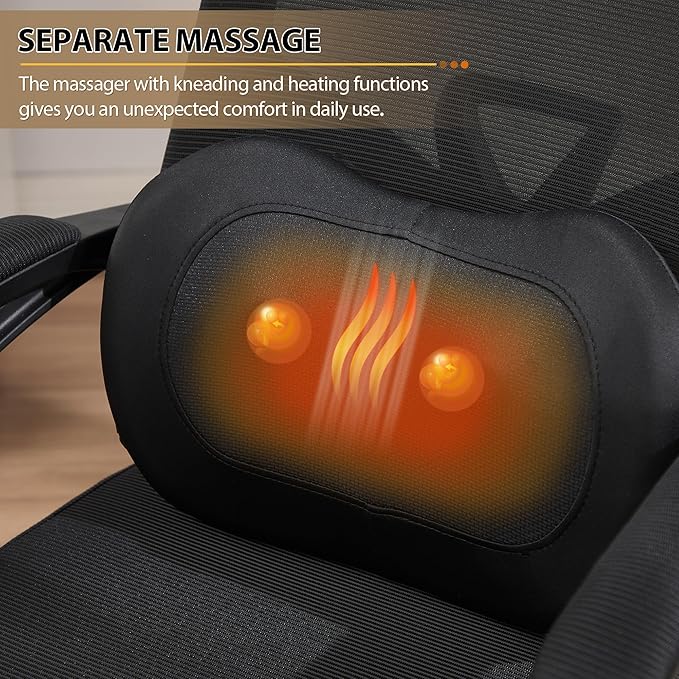 Qulomvs Ergonomic Office Chair with Massage&Heated Lumbar Support, Kneading Massage Office Chair with Foot Rest, Reclining Home Office Desk Chair 90-135 Adjustable Mesh Computer Desk Chair with Wheels