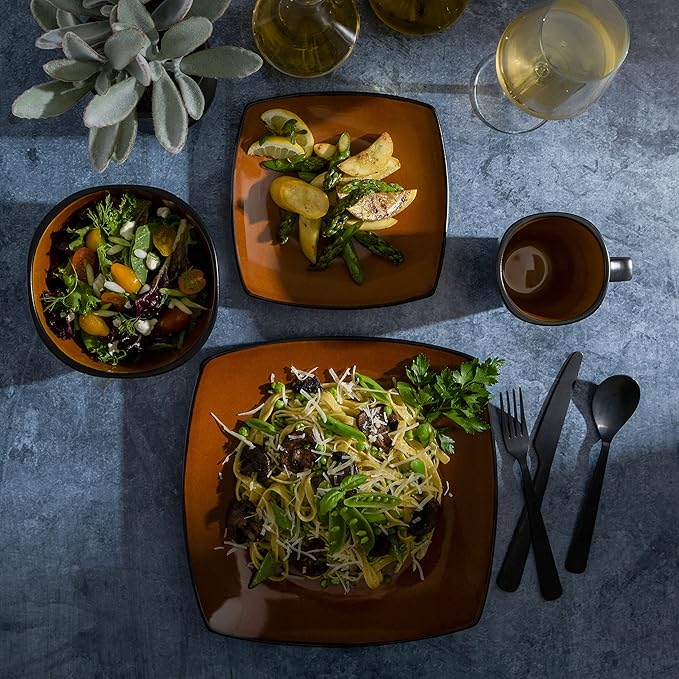 Gibson Elite Soho Lounge Square Reactive Glaze Stoneware Dinnerware Set, Service for 4 (16pc), Amber