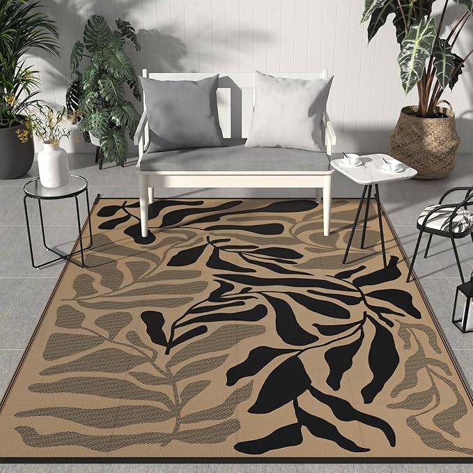 GENIMO Outdoor Rug 6' x 9' Waterproof for Patio Clearance, Reversible Plastic Straw Camping Carpet, Lightweight Mats for Rv, Backyard, Deck, Porch, Picnic, Beach, Balcony, Black & Brown