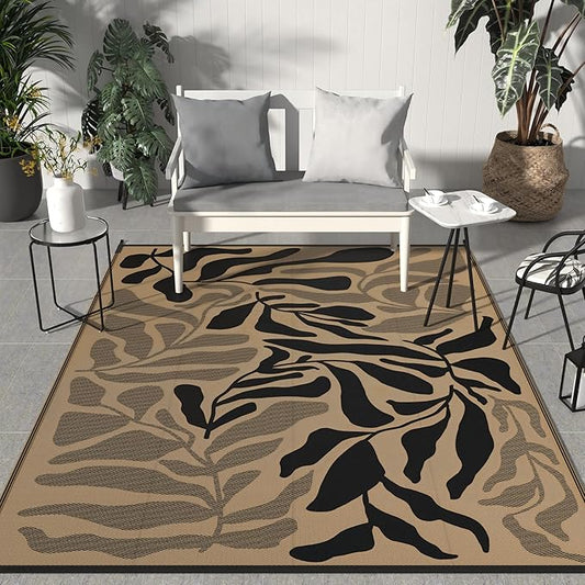 GENIMO Outdoor Rug 6' x 9' Waterproof for Patio Clearance, Reversible Plastic Straw Camping Carpet, Lightweight Mats for Rv, Backyard, Deck, Porch, Picnic, Beach, Balcony, Black & Brown