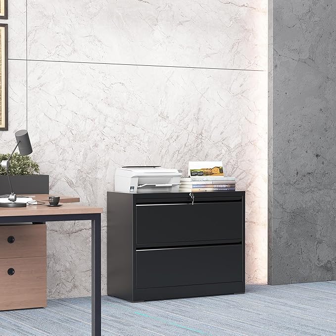 2 Drawer Lateral File Cabinet with Lock, Metal File Cabinets for Home Office, Steel Heavy-Duty Filing Storage Cabinet for Letters/Legal/A4 (Require Assembly, Black)