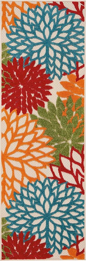 Nourison Home Aloha Indoor/Outdoor Green 2' x 6' Area Rug, Tropical, Botanical, Easy Cleaning, Non Shedding, Bed Room, Living Room, Dining Room, Deck, Backyard, Patio (2x6)