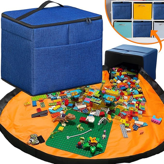 XL Toy Storage Organizer with Play Mat - Storage Bag/Box for Kids, Boys, Girls, Nursery, Playroom - Basket for Building Bricks/Blocks - Collapsible Fabric Cube Bin, 13"x13"x15"