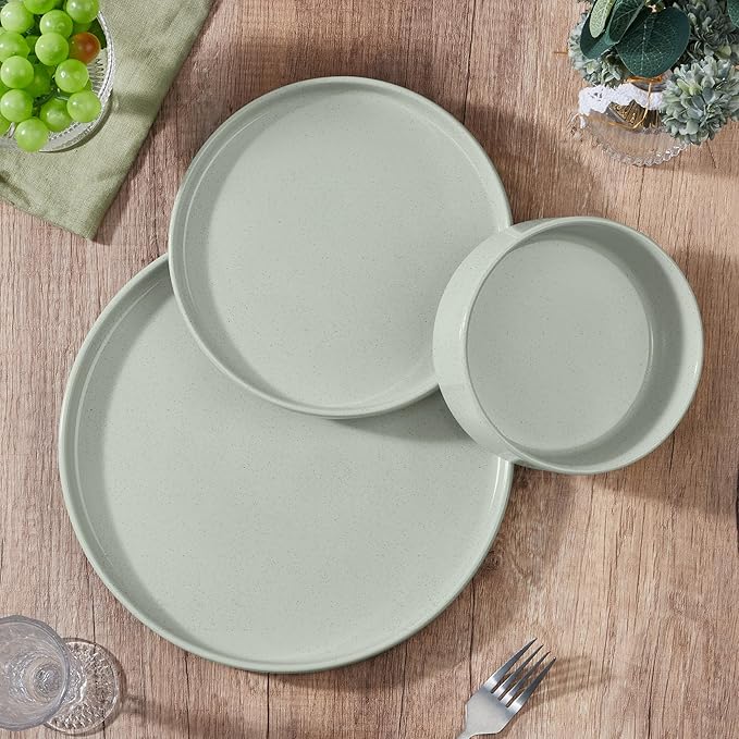E-far Stoneware Dinnerware Sets, 12-Piece Plates and Bowls Dish Set for 4, Kitchen Modern Dinning Ware, Chip and Scratch Resistant, Microwave & Dishwasher Safe, Speckled Green