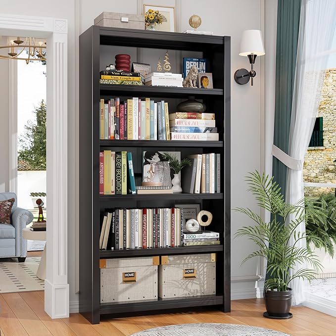 69.3" Tall Metal Bookshelf, 5-Tier Black Bookcase with Wide Open Shelves, Modern Bookshelf with Storage for Living Room, Bedroom, Home Office, Library, Study