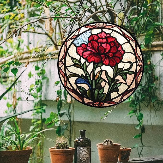 Stained Glass Window Hanging - Red Carnation Birth Flower Sun Catcher for Door Garden Home Decor Suncatcher Christmas Mother's Day Birthday Gifts for Women Men Mom Nana Friend Wife 6.3 in