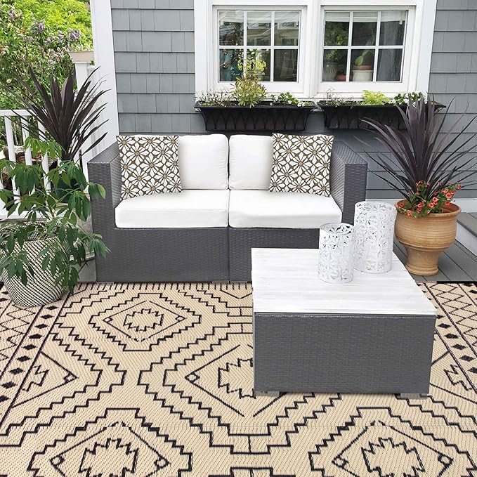 Wonnitar 8x10 Outdoor Rug, Large Waterproof Reversible Plastic Straw Rug for Patios, Indoor/Outdoor Area Rug Lightweight Camping Rug for Outside RV Balcony Garden Deck (Black & Beige,8'x10')