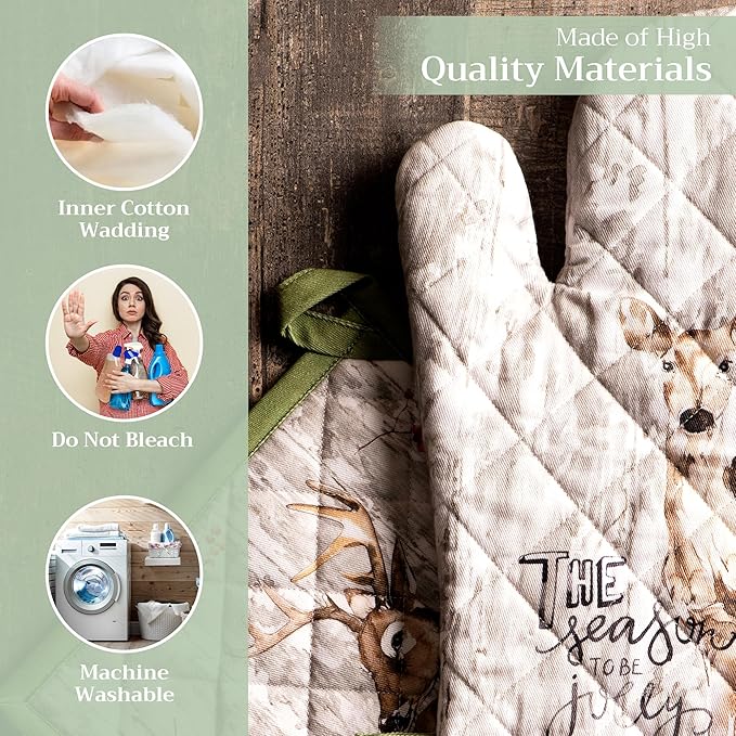 Maison d' Hermine 100% Cotton Oven Mitt & Pot Holder Set (7.5"x13" & 8"x8") Heat Resistant BBQ Cooking Gloves with Loop for Thanksgiving Christmas Decorations Handling Hot Pans (Mountain Life)