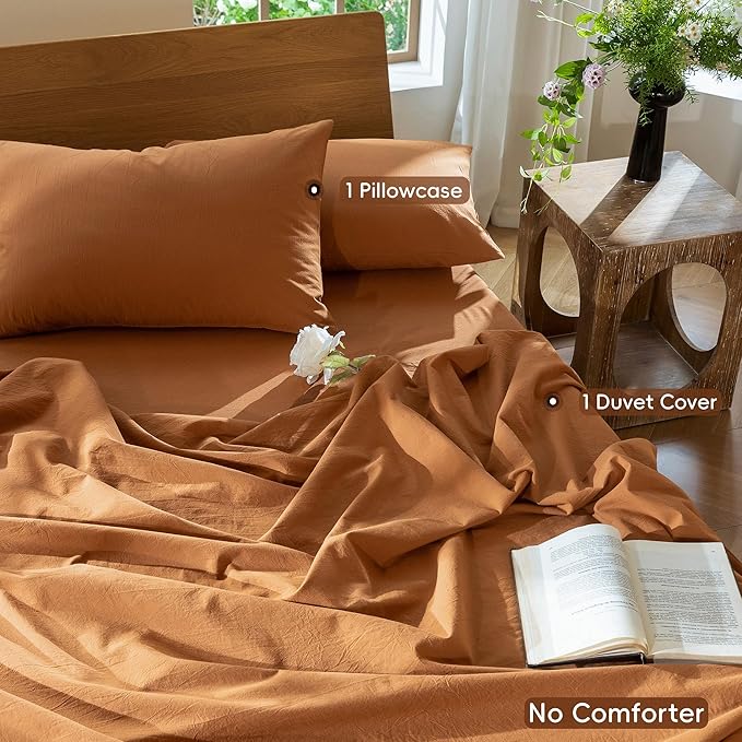 MooMee Bedding Duvet Cover Set 100% Washed Cotton Linen Like Textured Breathable Durable Soft Comfy (Solid Burnt Orange, Twin 68"x90")
