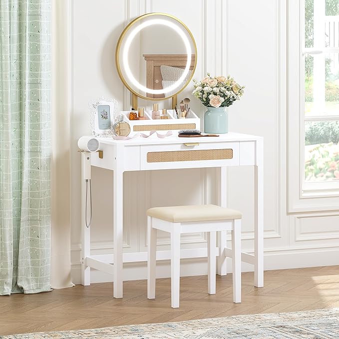 Spirich Makeup Vanity Desk with Mirror and Lights, Rattan White Vanity with Drawers, 3 Lighting Modes Small Vanity Dressing Table for Bedroom