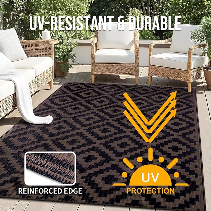OLANLY Waterproof Outdoor Rug 5x8 ft, Outdoor Plastic Straw Rug for Camping, RV Mat Outside, Outdoor Carpet for Porch, Deck, Backyard, Balcony, Picnic, Black & Brown