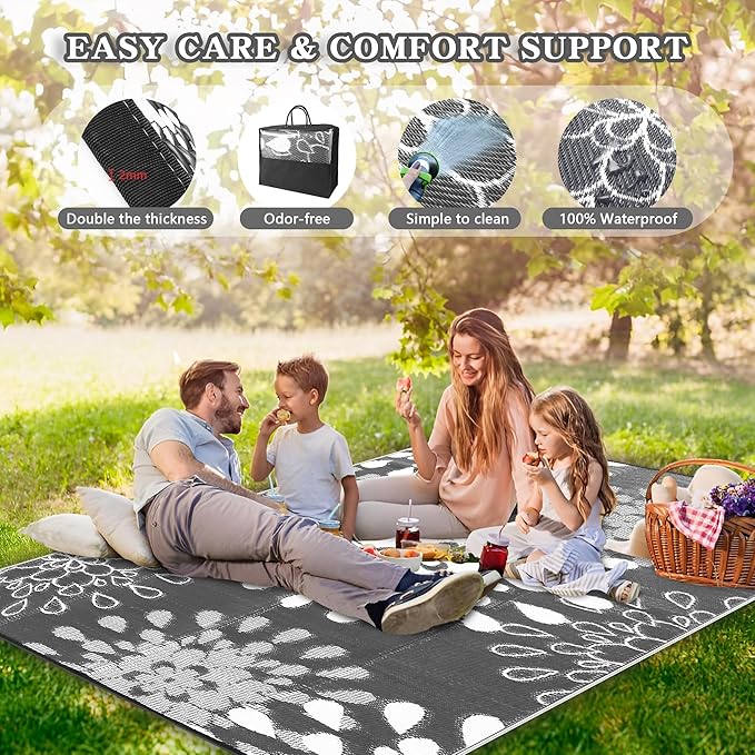 Wallona Outdoor Rugs 8x10 ft Patio Waterproof Clearance Indoor Outdoor Large Carpet for Patio Plastic Straw Reversible Area Rugs Mat for RV, Camping, Balcony, Beach, Picnic, Porch, Flower Grey & White