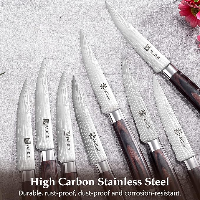 PAUDIN Steak Knives 4.5 Inch, Steak knives Set of 8, High Carbon Stainless Steel Steak Knife Set, Sharp Serrated Steak Knife with Pakkawood Handle, Kitchen Steak Knives with Gift Box