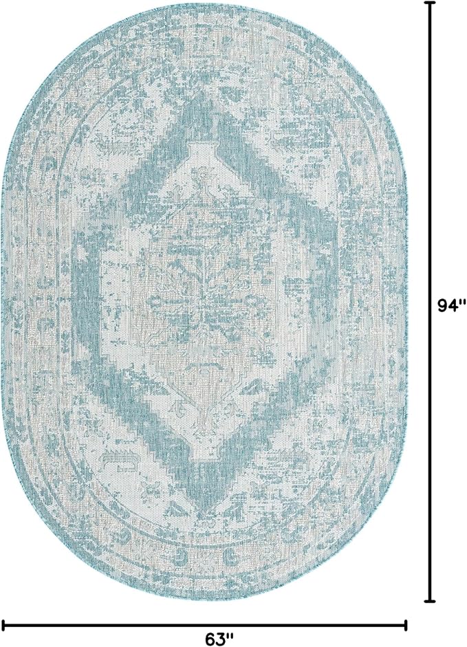 Unique Loom Outdoor Traditional Collection Area Rug - Valeria (5' 3" x 7' 10" Oval, Aqua/ Ivory)
