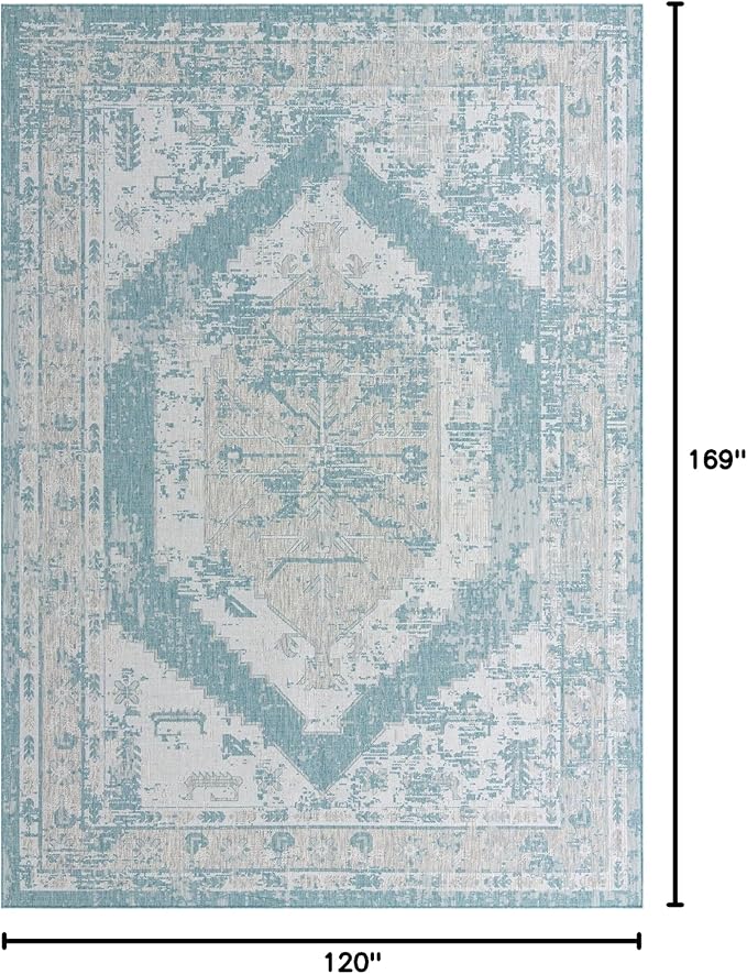 Unique Loom Outdoor Traditional Collection Area Rug - Valeria (10' x 14' 1" Rectangle, Aqua/ Ivory)