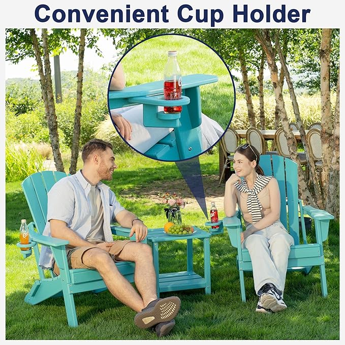 Plawdlik Folding Adirondack Chair, SGS Tested, Wooden Textured with Cup Holder, Heavy All-Weather HDPE Comfortable Set Poolside Backyard Lawn Aruba Blue Set 2