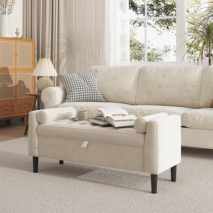46.5" Storage Ottoman Bench – Upholstered End-of-Bed Storage Chest with Rolled Armrests & Wood Legs, Entryway Shoe Bench and Footrest Seat for Hallway, Bedroom & Living Room & Walk-in Closet（Beige）