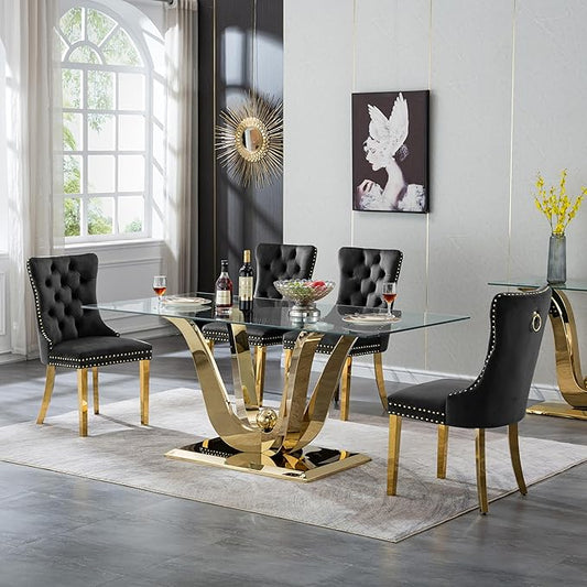 70" Modern Gold Glass Dining Table Set for 4, 5-Piece Rectangle Kitchen Dining Room Table Set with Steel Base & 4 Black Velvet Upholstered Chairs, Modern Glass Kitchen Table and Chairs Set of 4