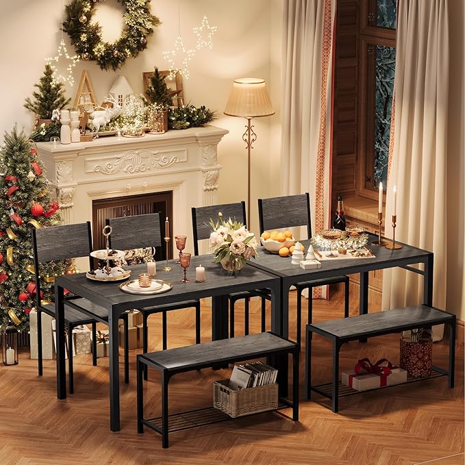 Shahoo Kitchen Table and 2 Chairs for 4 with Bench, 4 Piece Dining Sets for Small Space, Dark Grey