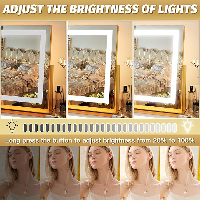 FENNIO Vanity Mirror with Lights 22''x18'' Makeup Mirror with Lights,Lighted Makeup Mirror with 10X Magnification ，Smart Touch Screen with 3-Color Lighting,Dimmable（Square Gold）