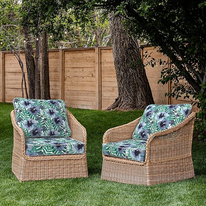 Outdoor Deep Seat Cushions Set 24 x 24 Inch for Patio Furniture,Water Resistant Chair Cushions Replacement Includes Seat Cushion & Back Pillow for Sofa, Wicker Chair - Blue Salmone Tropical