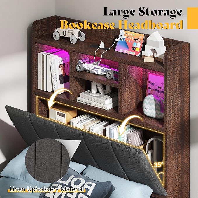 Twin Farmhouse Bed Frame with Bookcase Headboard and 4 Drawers, LED Storage Bed with Charging Station & Linen Upholstered, No Box Spring Needed, Reclaimed Barnwood