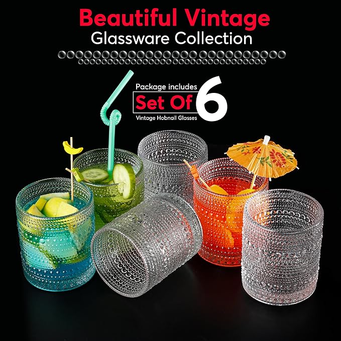 Hobnail Drinking Glasses, Vintage Glassware Set of 6, Vintage Drinking Glasses 15.22 oz, Bubble Glasses Drinking, Hobnail Glasses, Vintage Glass Cups, Jupiter Glasses for Juice, Soda, Beer, Whisky